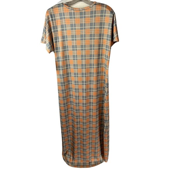 NWT Lula Roe Dress Large Orange Gray White Plaid Maxi Sheath Short Sleeve Round - Picture 2 of 11